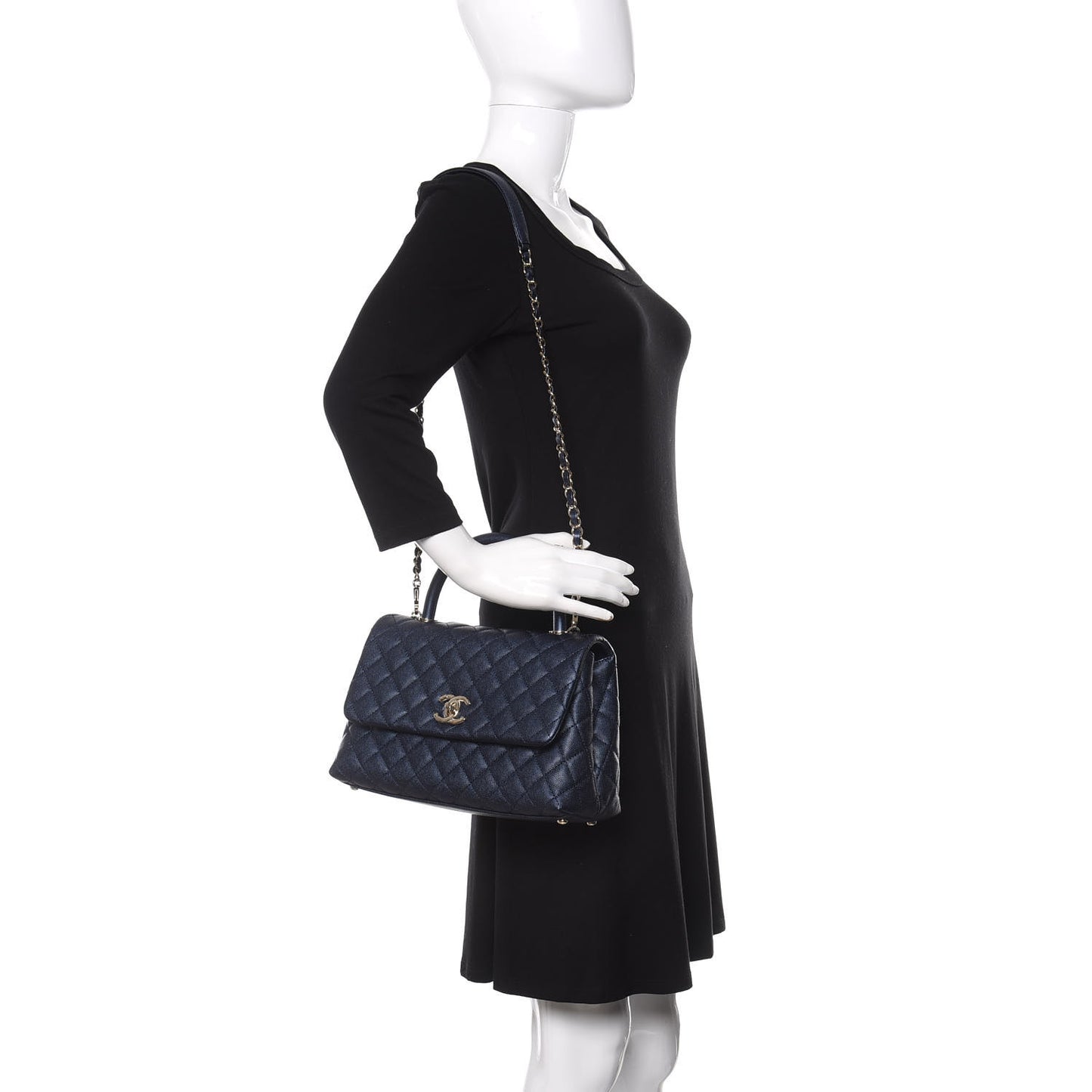 Iridescent Caviar Quilted Small Coco Handle Flap Dark Blue
