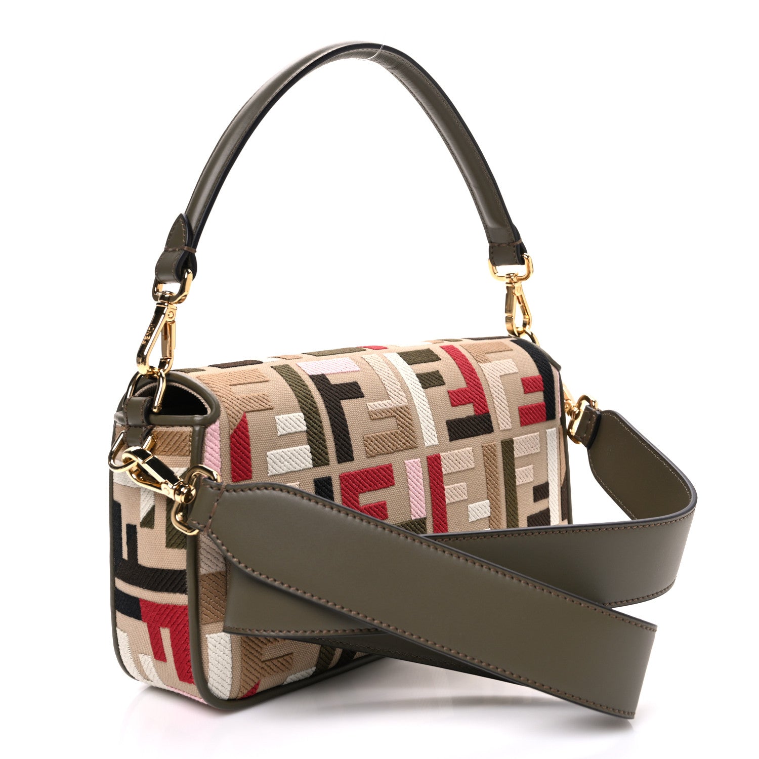 Fendi Canvas Vitello Seta FF Multicolor Embroidered Baguette Sand Avocado Multicolor 3 of 10