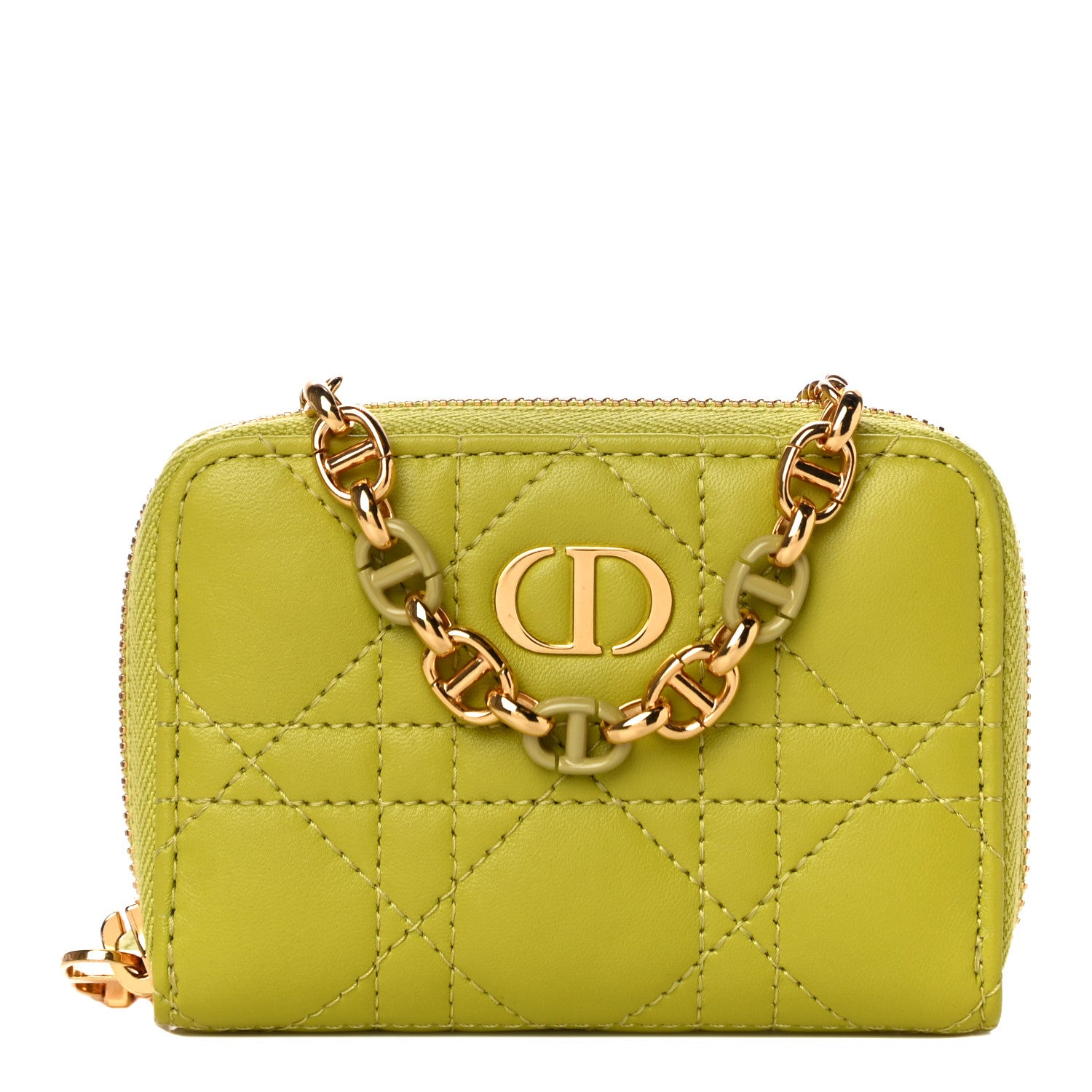 Christian Dior Lambskin Cannage Mini Caro Zipped Pouch on Chain Lime 1 of 10