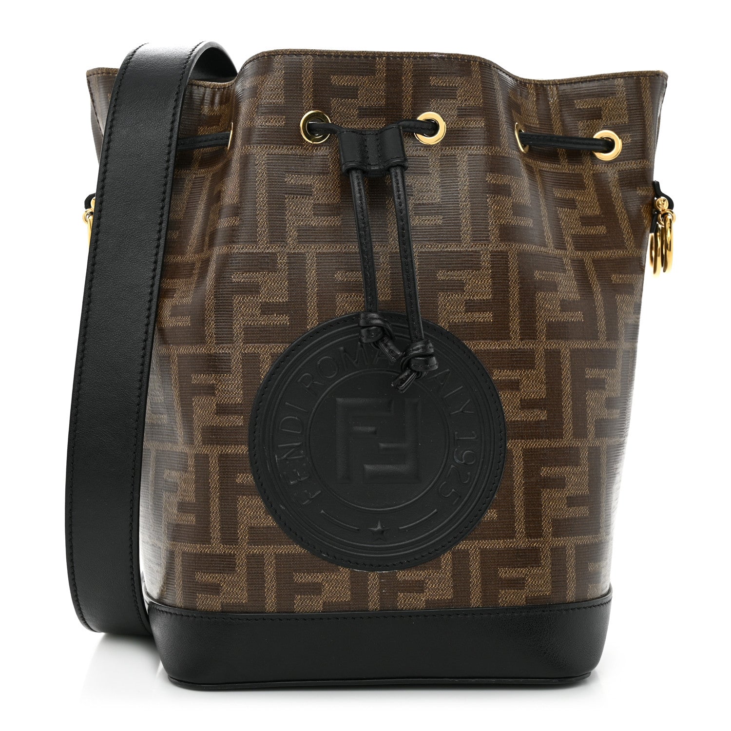 Fendi Glazed Fabric Vitello Grace F is Fendi FF 1974 Stamp Patch Grande Mon Tresor Bucket Bag Mogano Panna Black 1 of 11