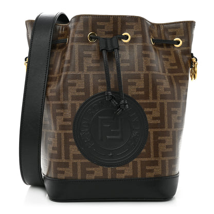 Fendi Glazed Fabric Vitello Grace F is Fendi FF 1974 Stamp Patch Grande Mon Tresor Bucket Bag Mogano Panna Black 1 of 11