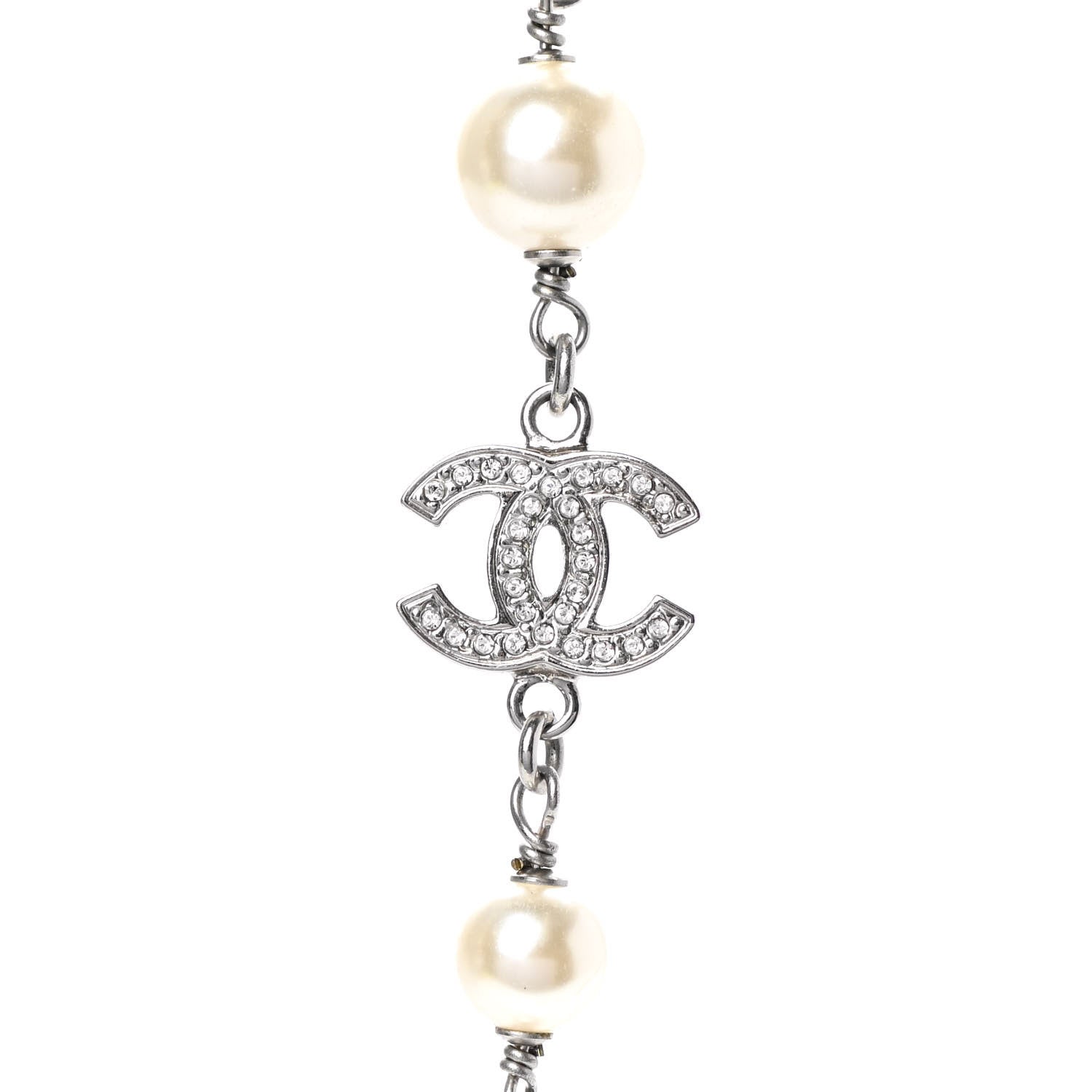Chanel Graduated Pearl Crystal CC Long Necklace Silver 6 of 6