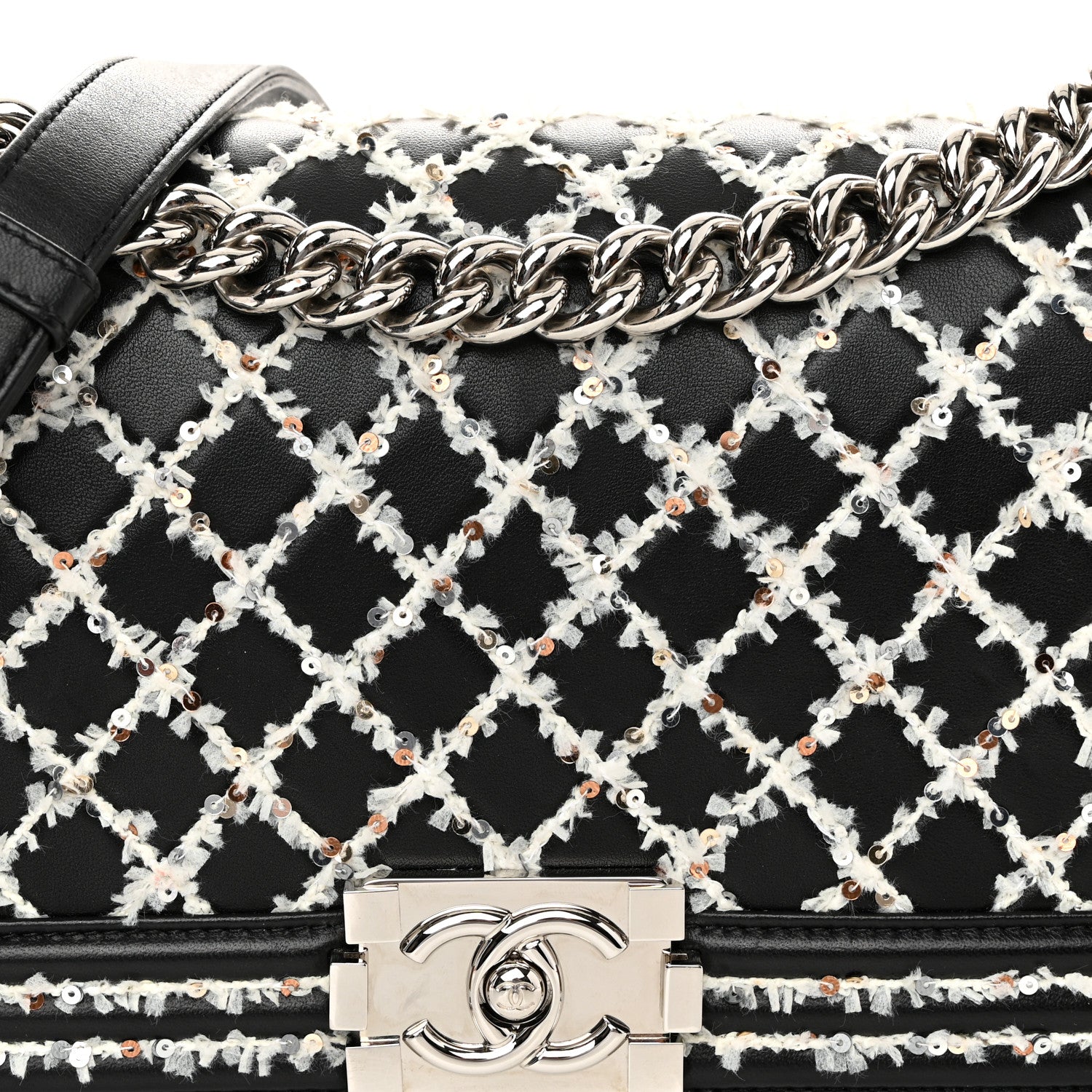 Chanel Lambskin Sequin Embroidered Medium Boy Flap Black White 8 of 11