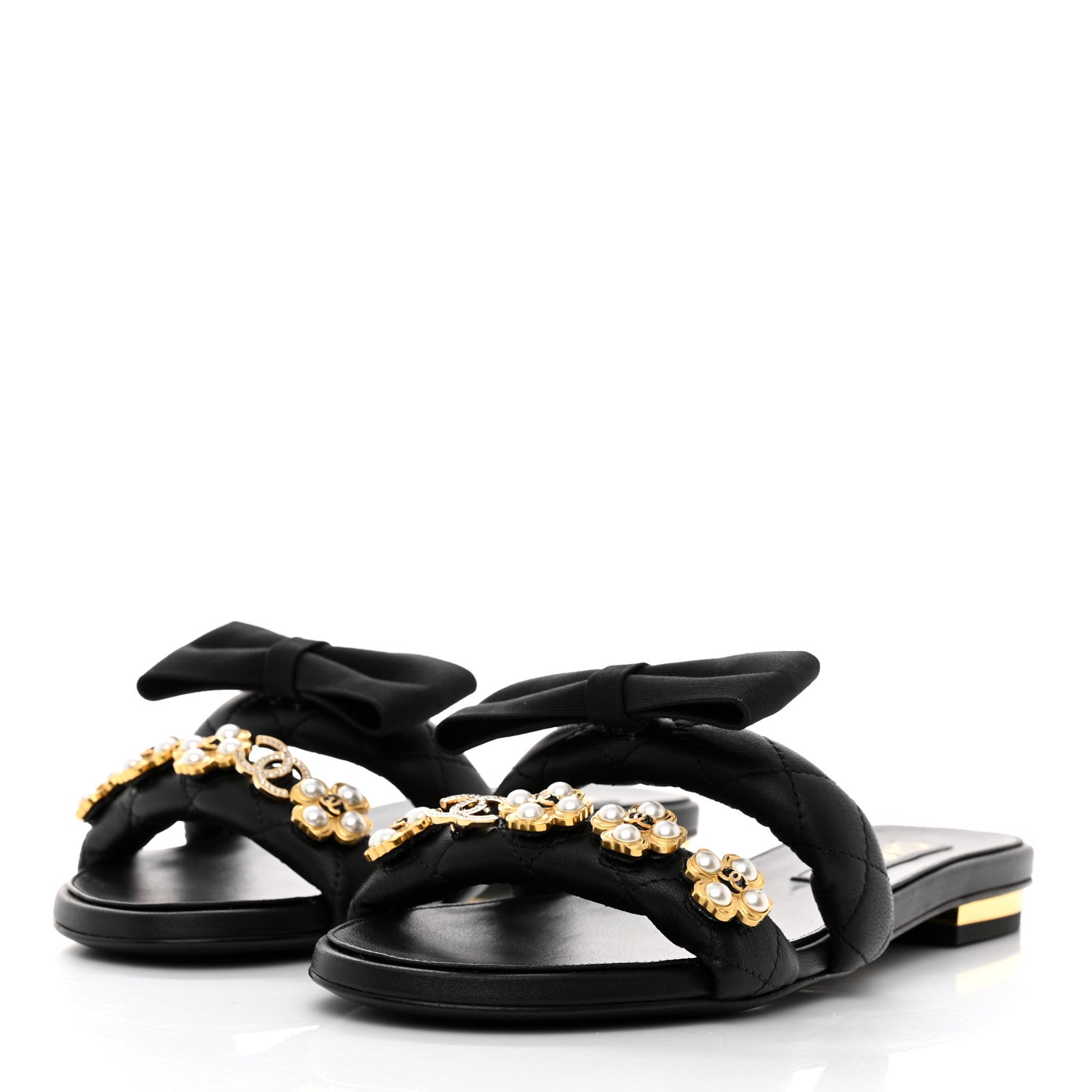 Chanel Lambskin Pearl Bow CC Mules 36.5 Black 3 of 9