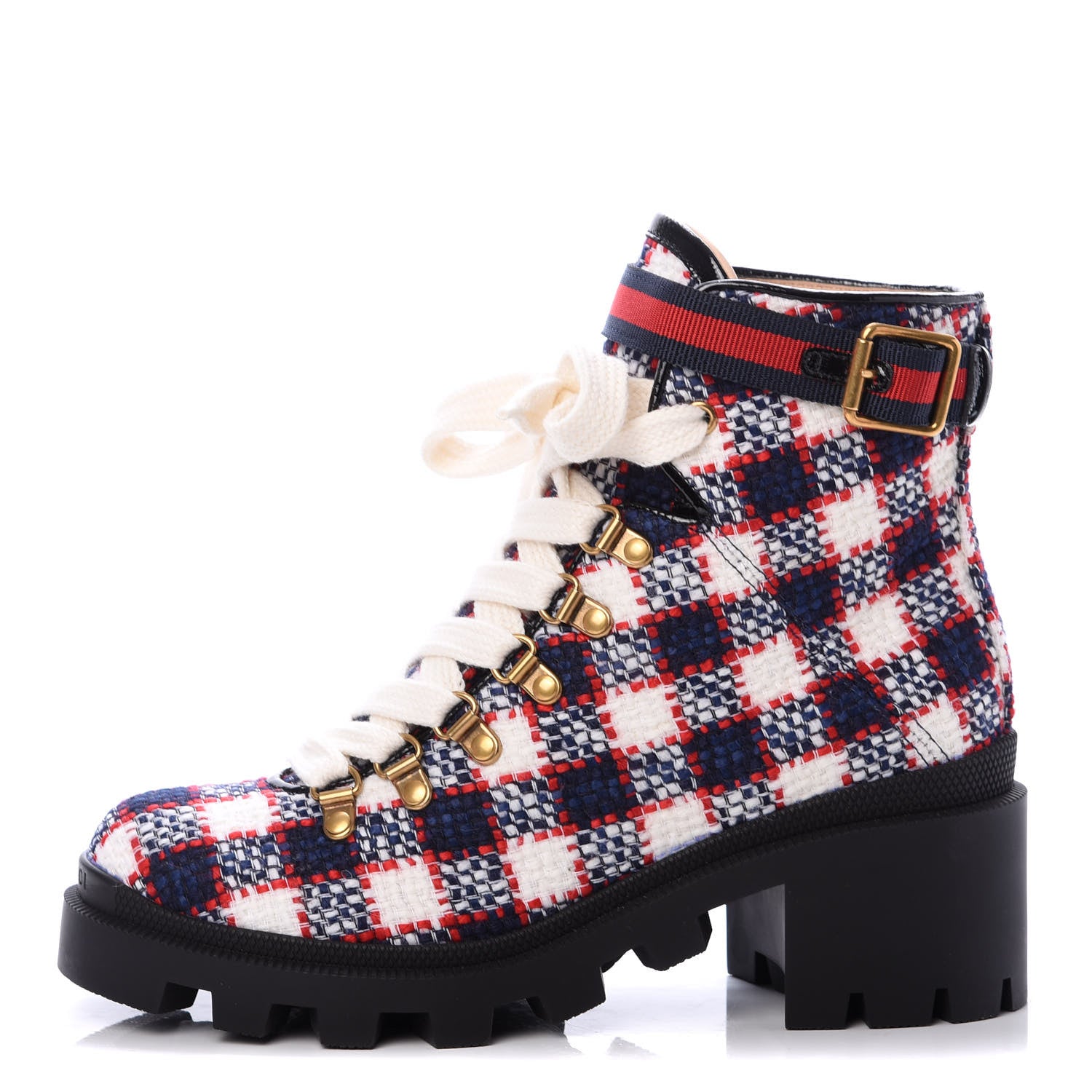 Gucci Vintage Tweed Check Lace Up Combat Ankle Boots 37.5 White Hibiscus Red Marine 1 of 6