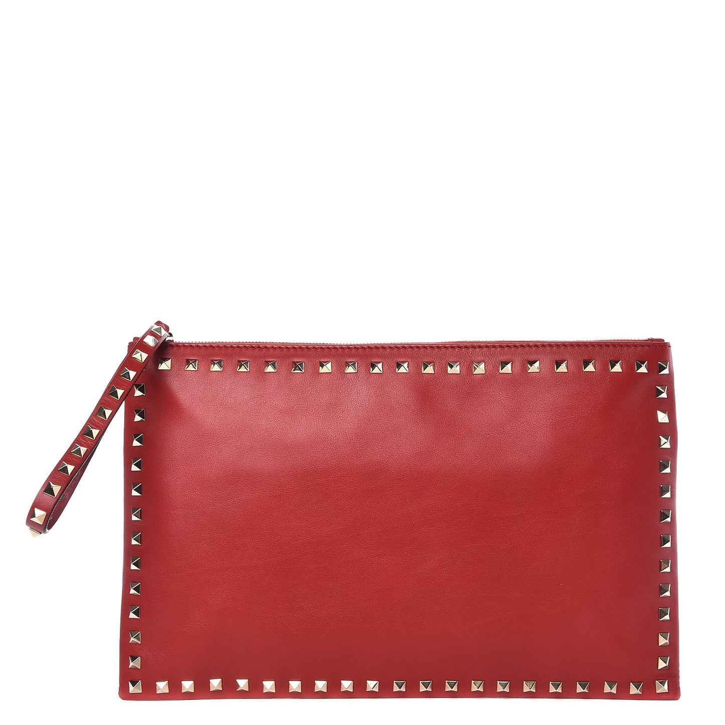 Vitello Large Rockstud Zip Wristlet Pouch Rosso Valentino