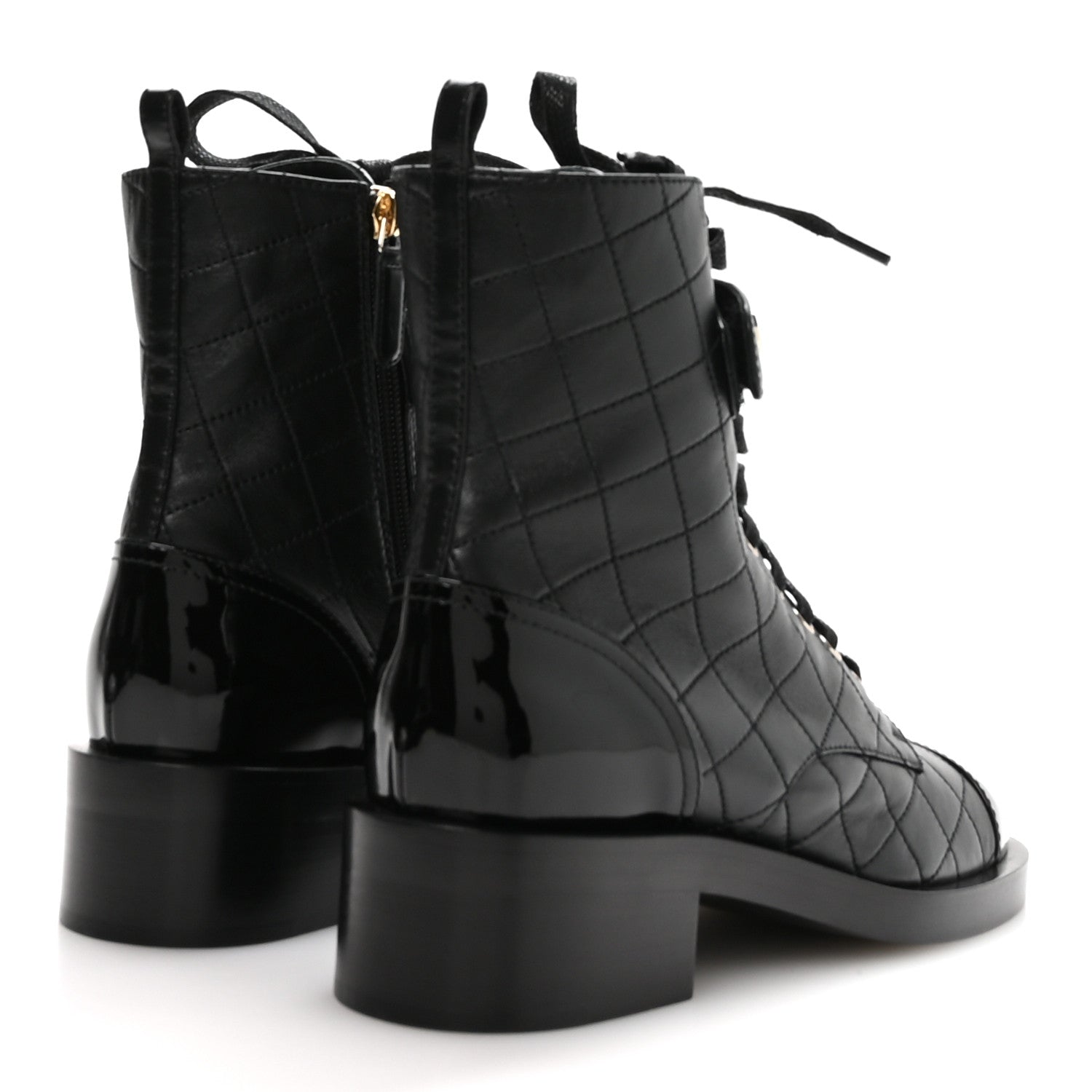 Chanel Lambskin Patent Calfskin Quilted Logo Lace Up Combat Boots 39.5 Black 5 of 9