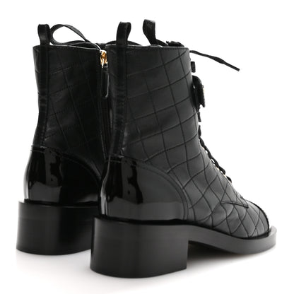 Chanel Lambskin Patent Calfskin Quilted Logo Lace Up Combat Boots 39.5 Black 5 of 9