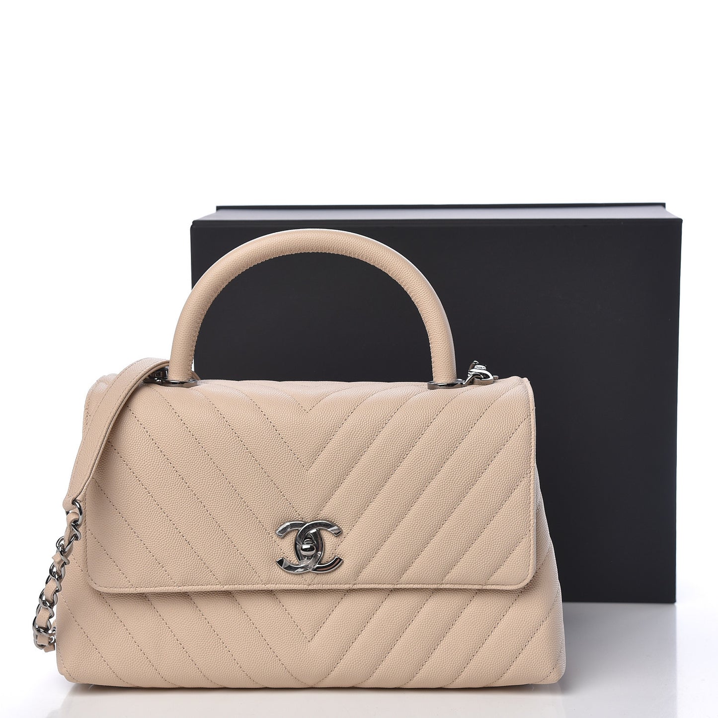 Caviar Chevron Quilted Small Coco Handle Flap Beige