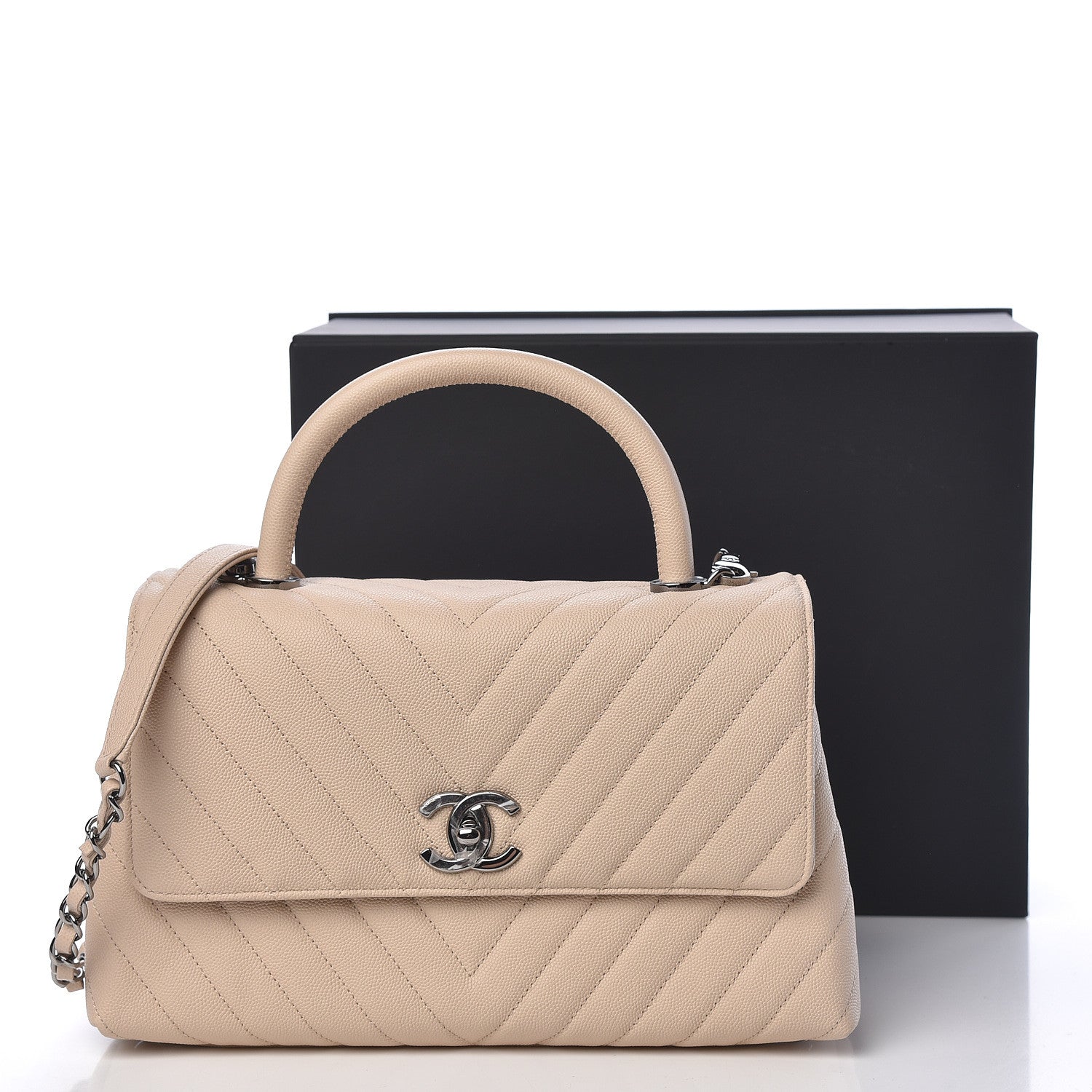 Chanel Caviar Chevron Quilted Small Coco Handle Flap Beige 11 of 11