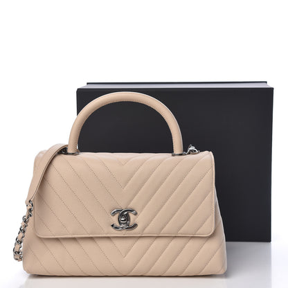 Chanel Caviar Chevron Quilted Small Coco Handle Flap Beige 11 of 11