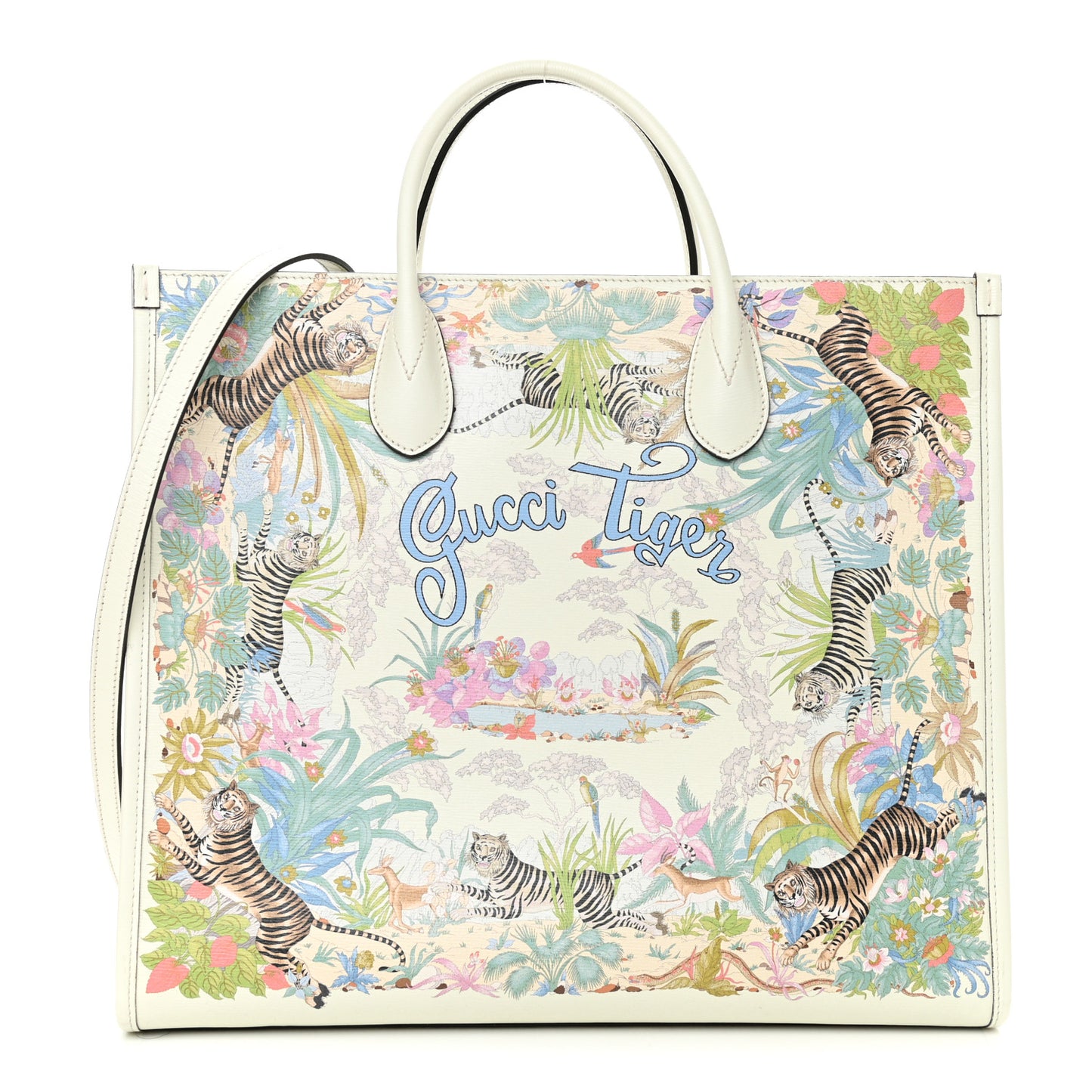 New Shangai Calfskin Tiger Savanah Textured Calfskin Medium Tote Chalky White Multicolor