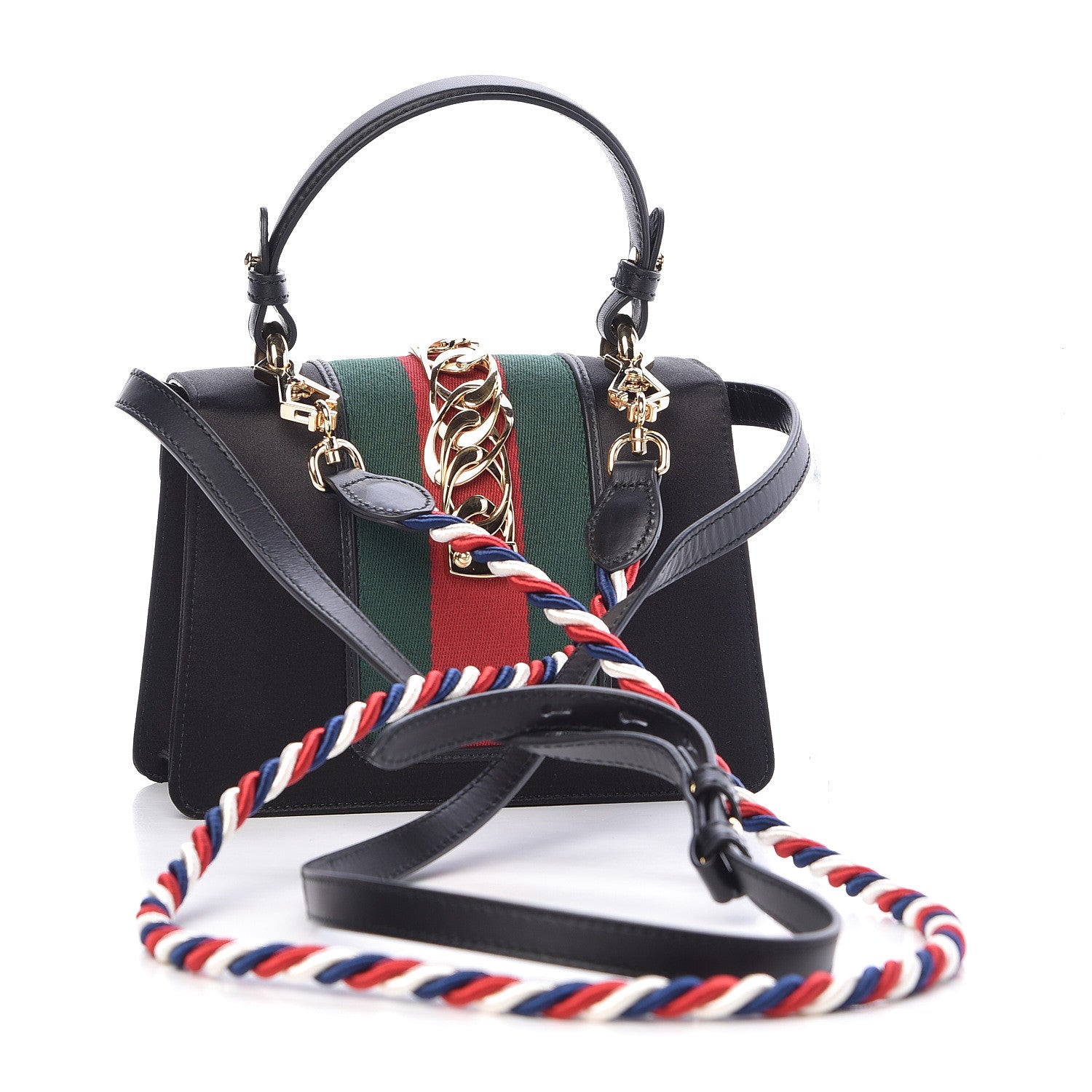 Gucci Satin Crystal Mini Sylvie Top Handle Bag Black 4 of 17