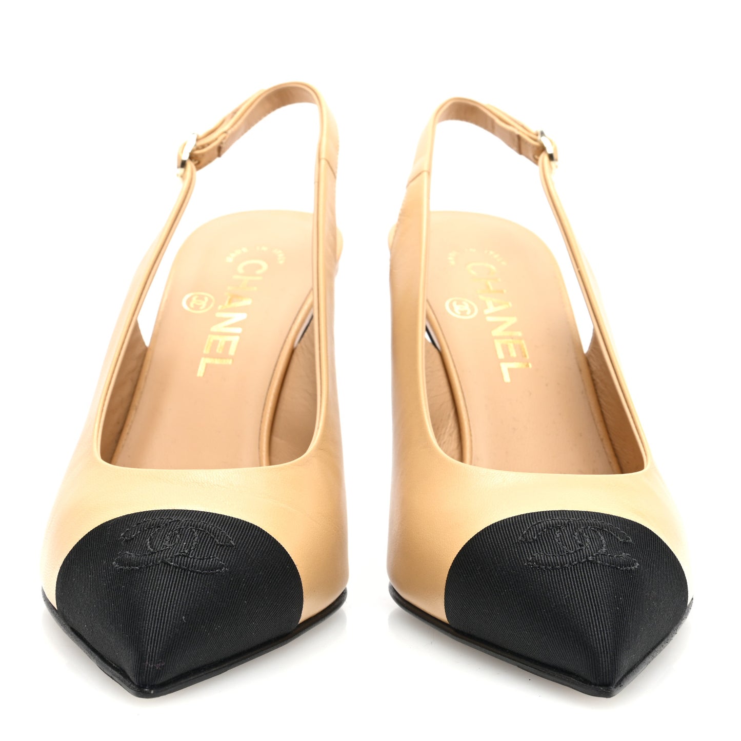 Goatskin Grosgrain Pointed Cap Toe CC Slingback Pumps 37.5 Beige Black