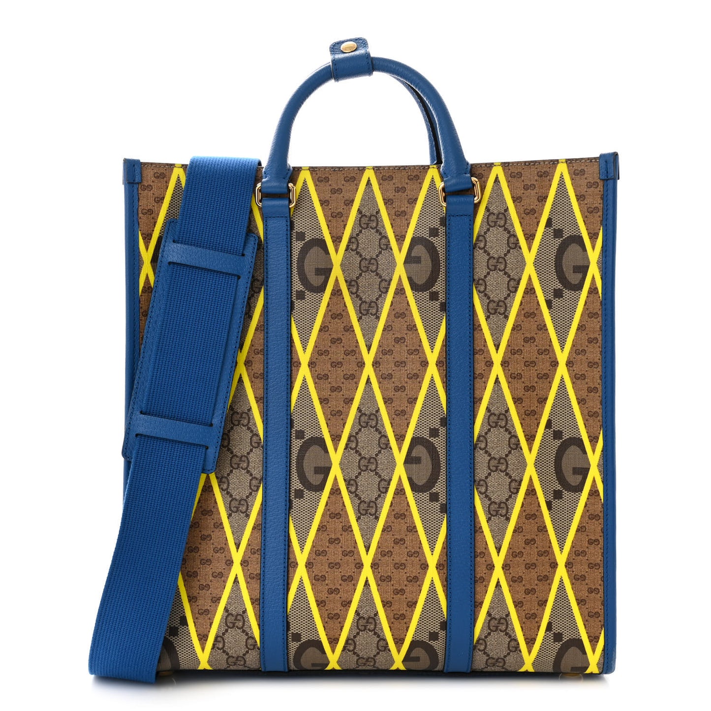 GG Supreme Monogram Mix Textured Dollar Calfskin Rhombus Inlay Large Tote Bag Beige Ebony Harvest Joy Blue