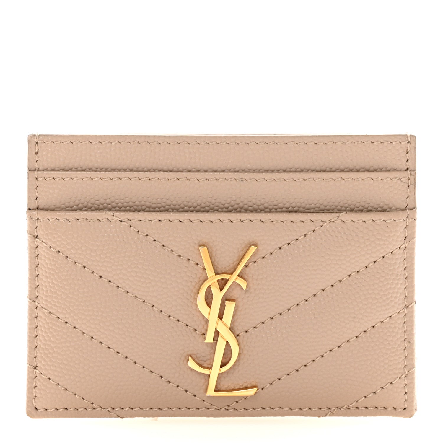 Saint Laurent Grain De Poudre Matelasse Chevron Monogram Credit Card Case Dark Beige 1 of 7