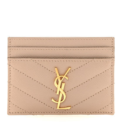 Saint Laurent Grain De Poudre Matelasse Chevron Monogram Credit Card Case Dark Beige 1 of 7