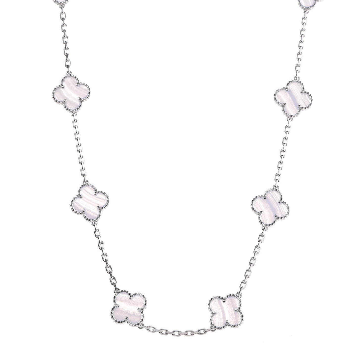 18K White Gold Chalcedony 10 Motifs Vintage Alhambra Necklace