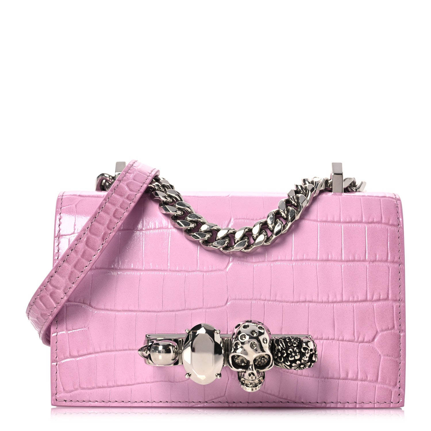 Alexander McQueen Shiny Crocodile Embossed Jeweled Satchel Pink 1 of 11