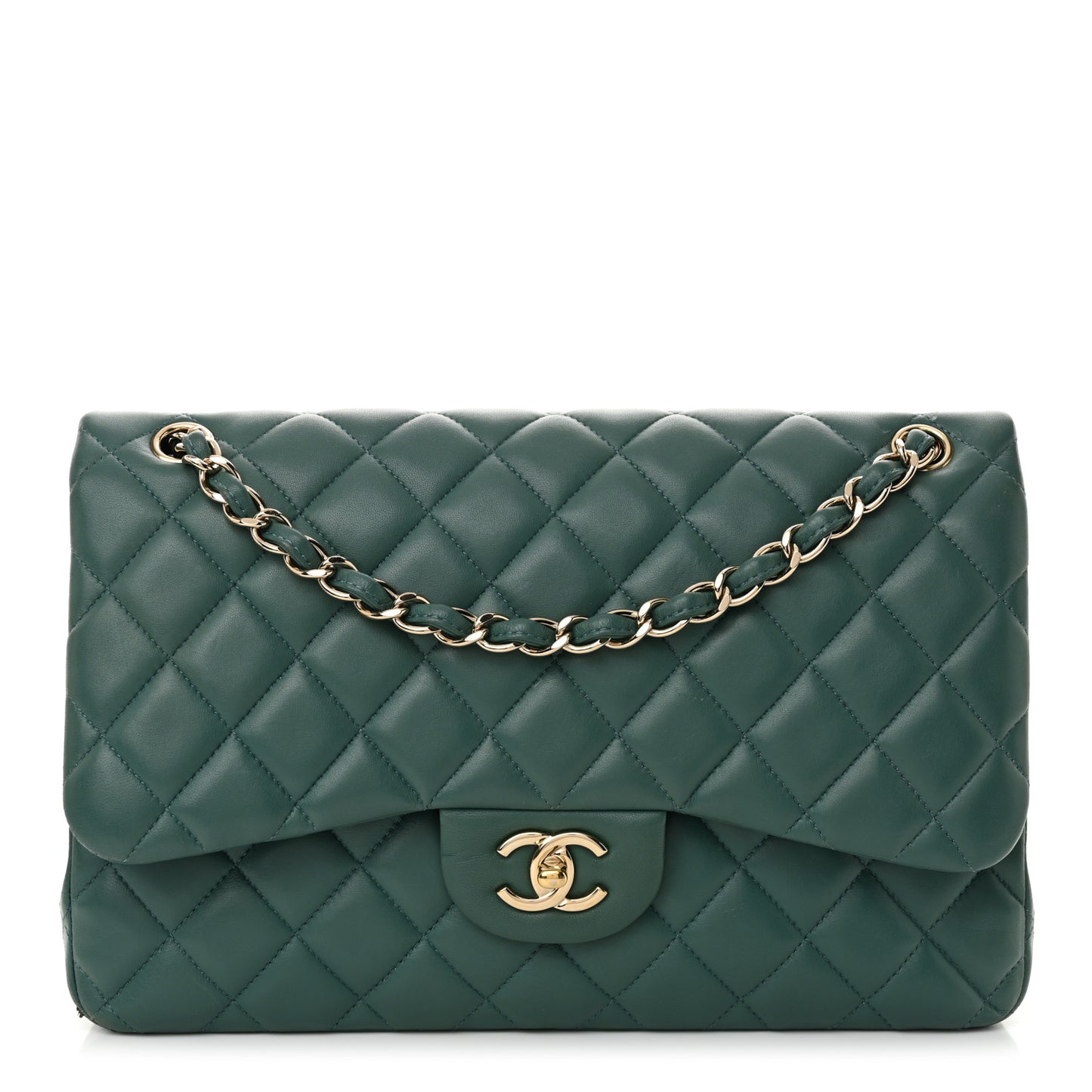Lambskin Quilted Jumbo Double Flap Green