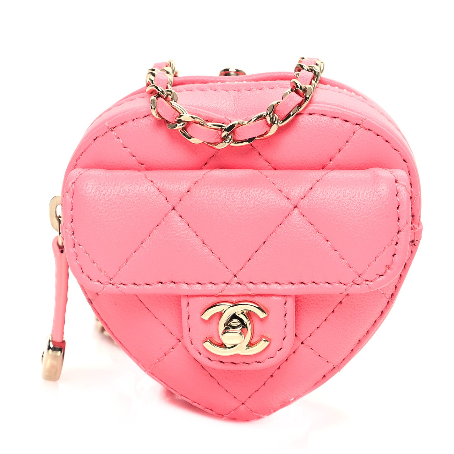 Lambskin Quilted CC In Love Heart Coin Purse With Chain Pink