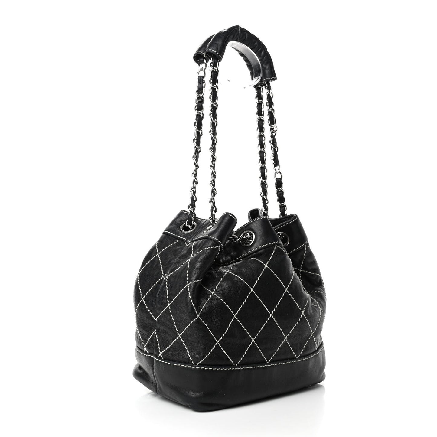 Lambskin Contrast Stitch Small Drawstring Tote Black