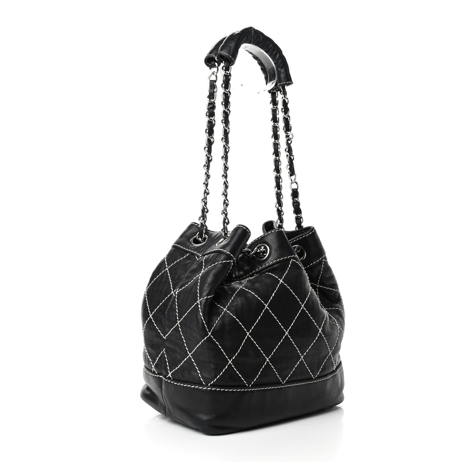 Chanel Lambskin Contrast Stitch Small Drawstring Tote Black 2 of 5