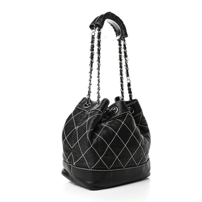 Chanel Lambskin Contrast Stitch Small Drawstring Tote Black 2 of 5