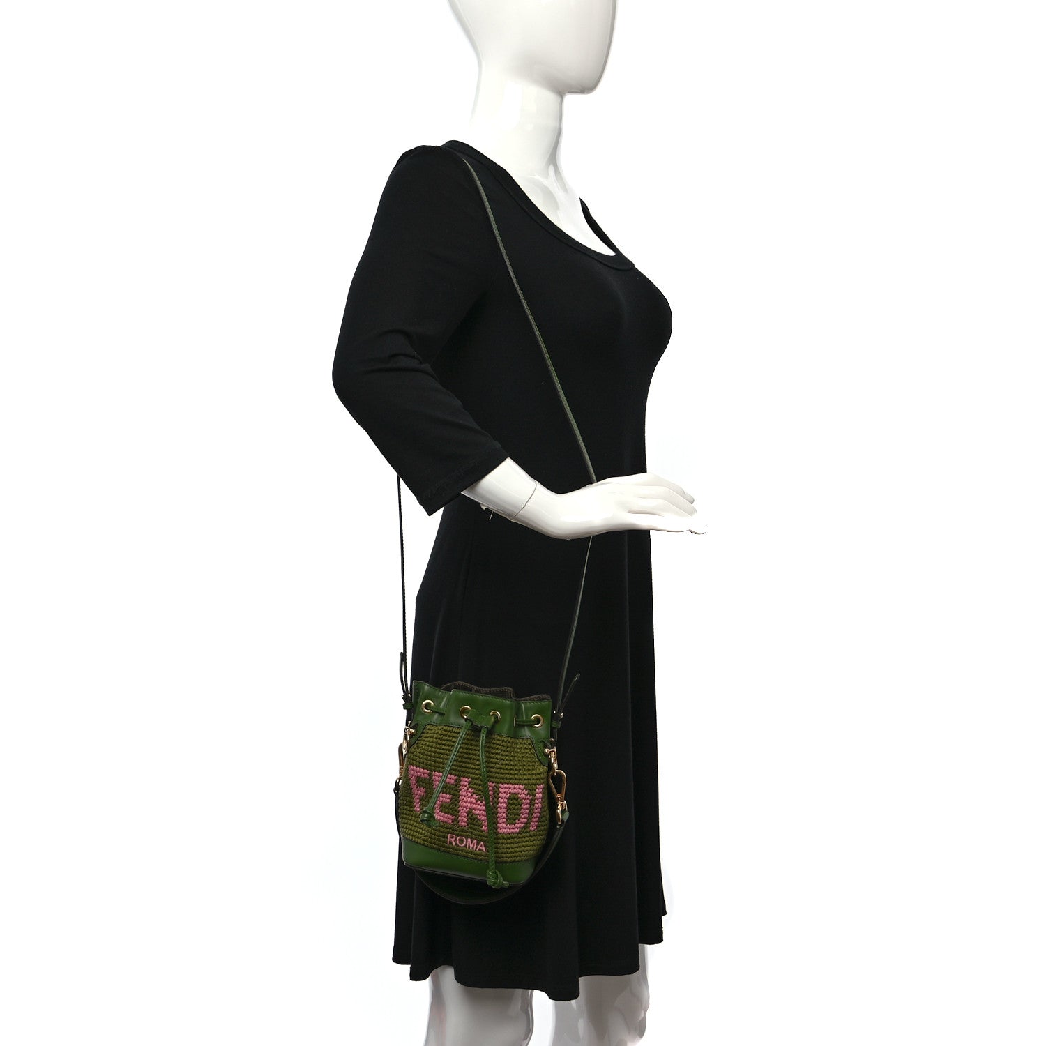 Fendi Crochet Vitello King F is Fendi Logo Woven Mini Mon Tresor Bucket Bag Verde Militare Rosa 2 of 8