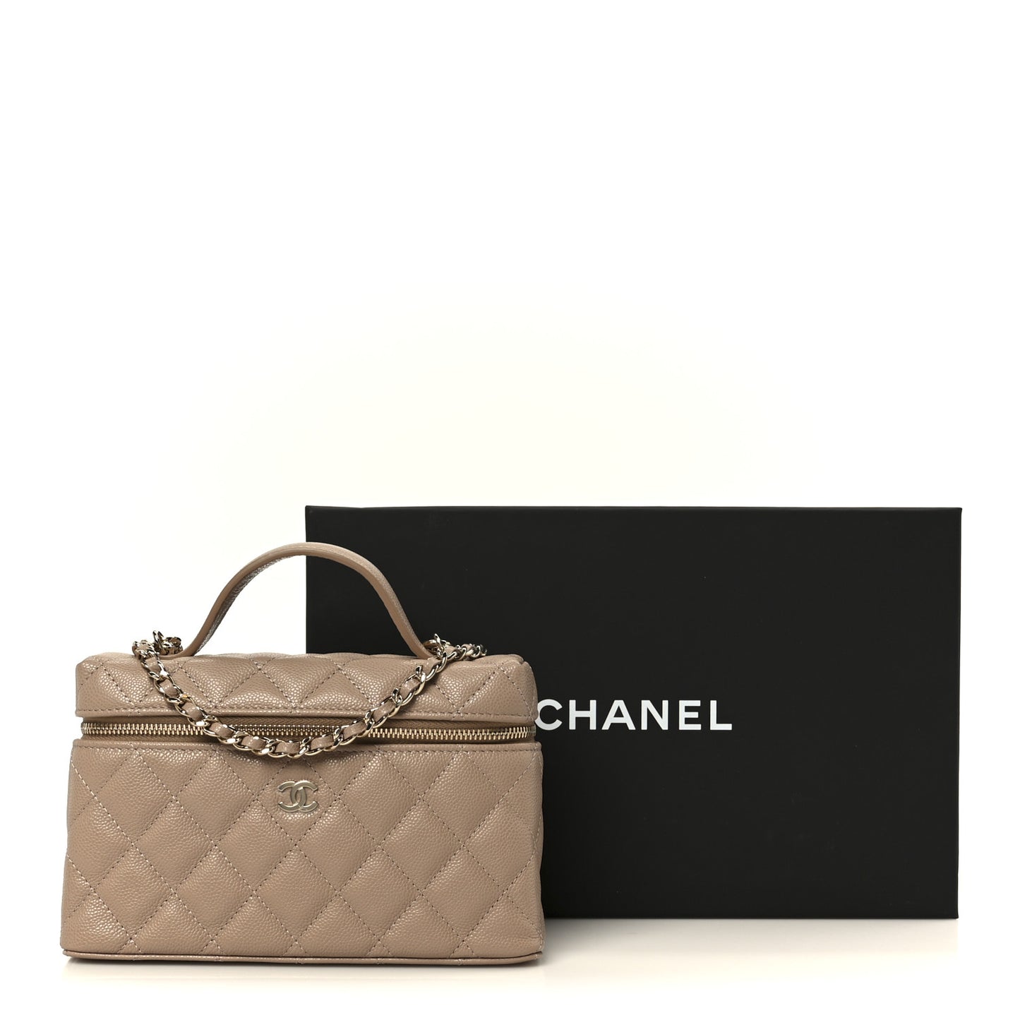 Caviar Quilted Top Handle Slim Vanity With Chain Dark Beige