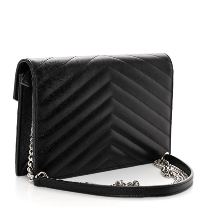 Saint Laurent Grain De Poudre Matelasse Chevron Monogram Envelope Chain Wallet Black 3 of 10