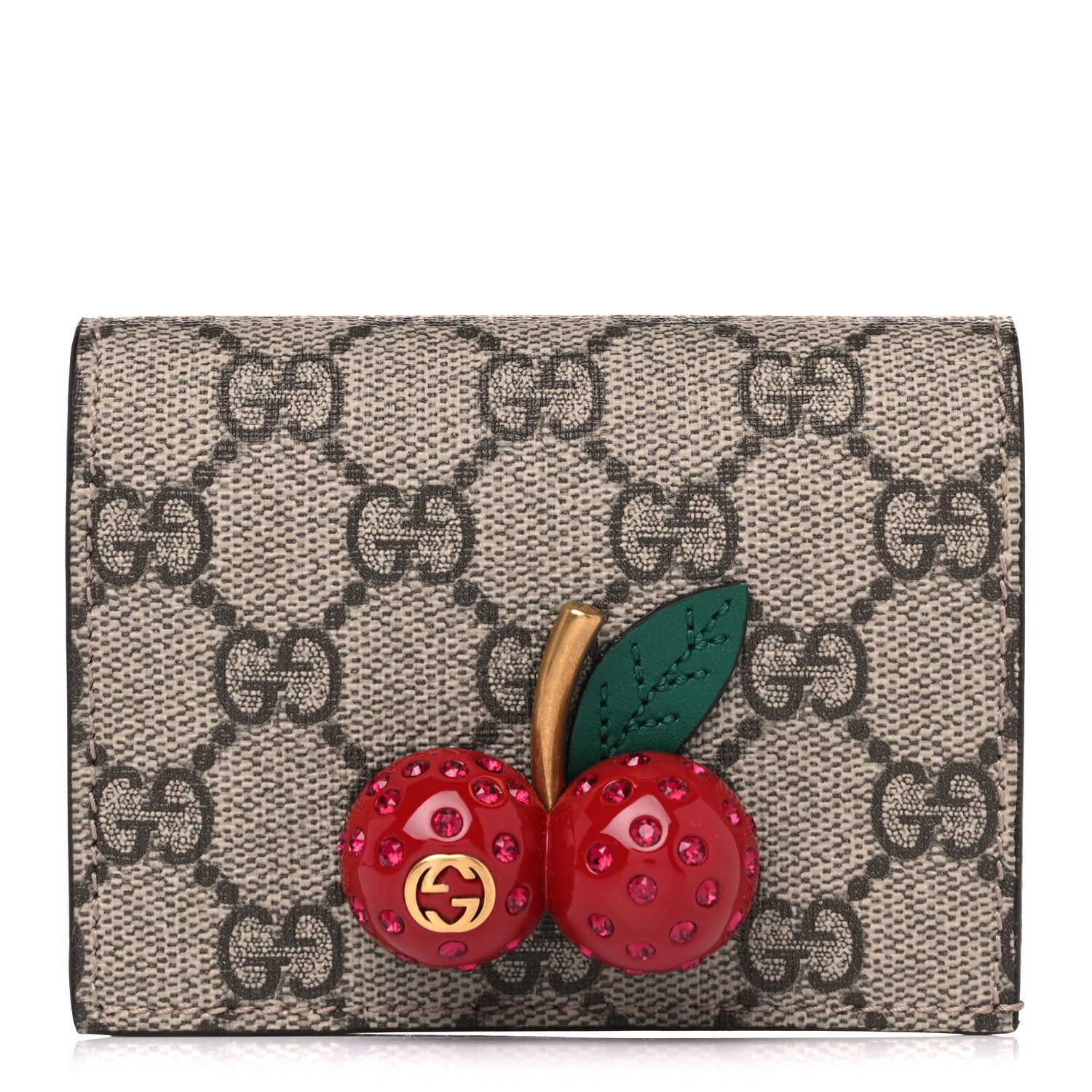 Gucci GG Supreme Monogram Cherry Embellished Card Case Wallet Hibiscus Red 1 of 8