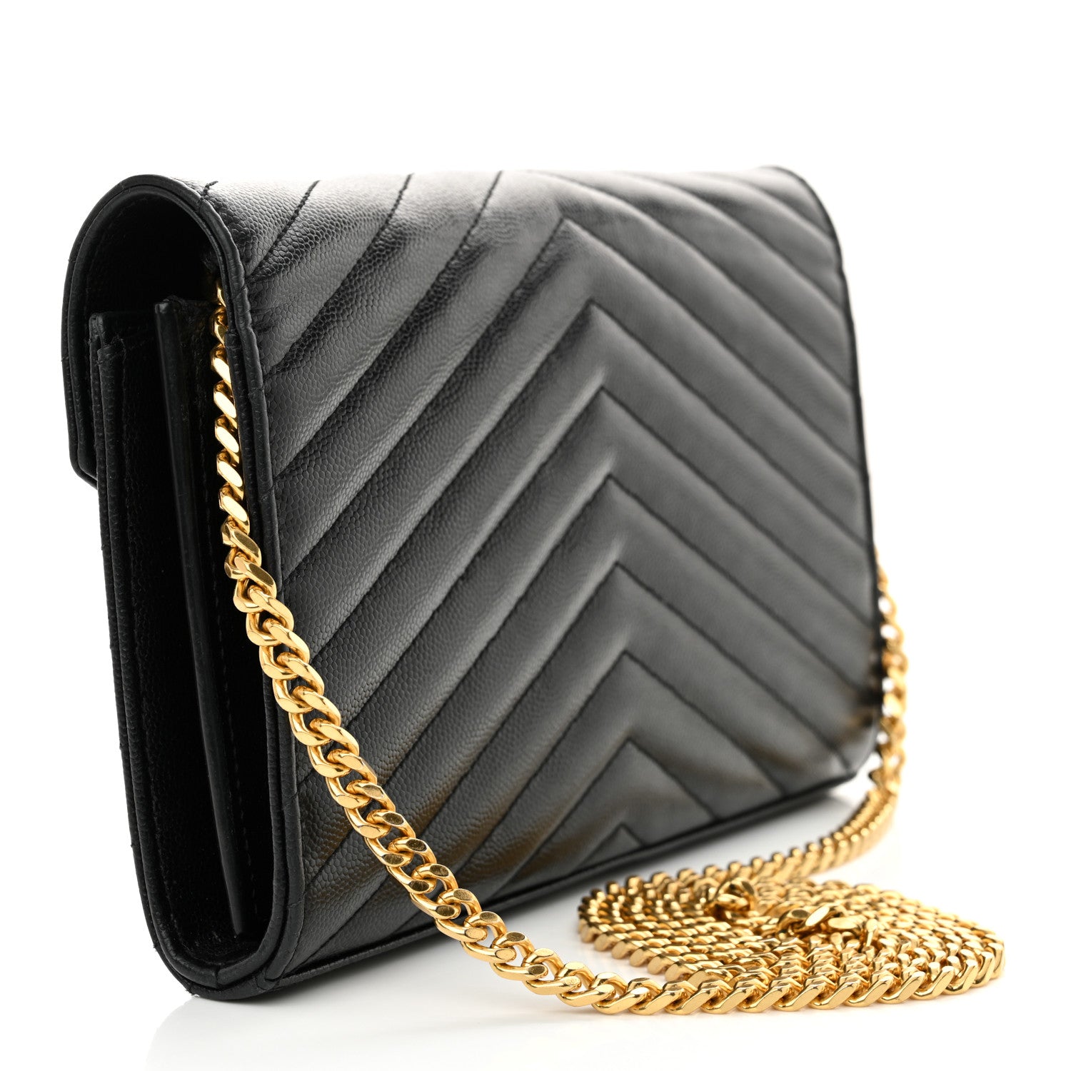 Saint Laurent Grain De Poudre Matelasse Chevron Monogram Chain Wallet Black 3 of 10