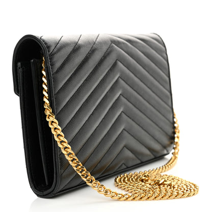 Saint Laurent Grain De Poudre Matelasse Chevron Monogram Chain Wallet Black 3 of 10