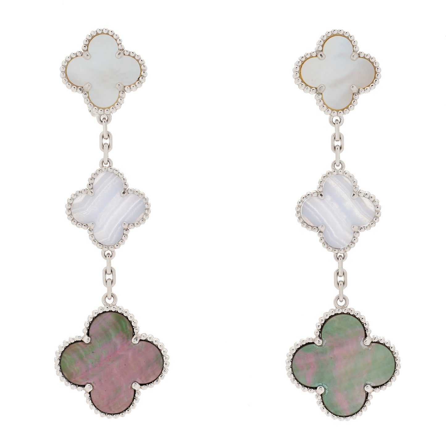 18K White Gold Mother of Pearl Chalcedony 3 Motifs Magic Alhambra Earrings