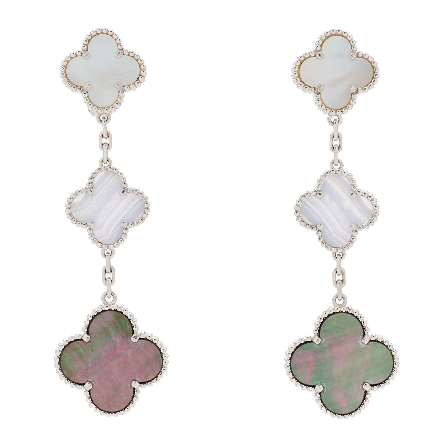Van Cleef & Arpels 18K White Gold Mother of Pearl Chalcedony 3 Motifs Magic Alhambra Earrings 1 of 4