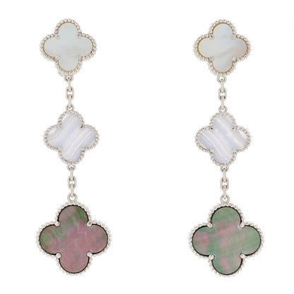 Van Cleef & Arpels 18K White Gold Mother of Pearl Chalcedony 3 Motifs Magic Alhambra Earrings 1 of 4
