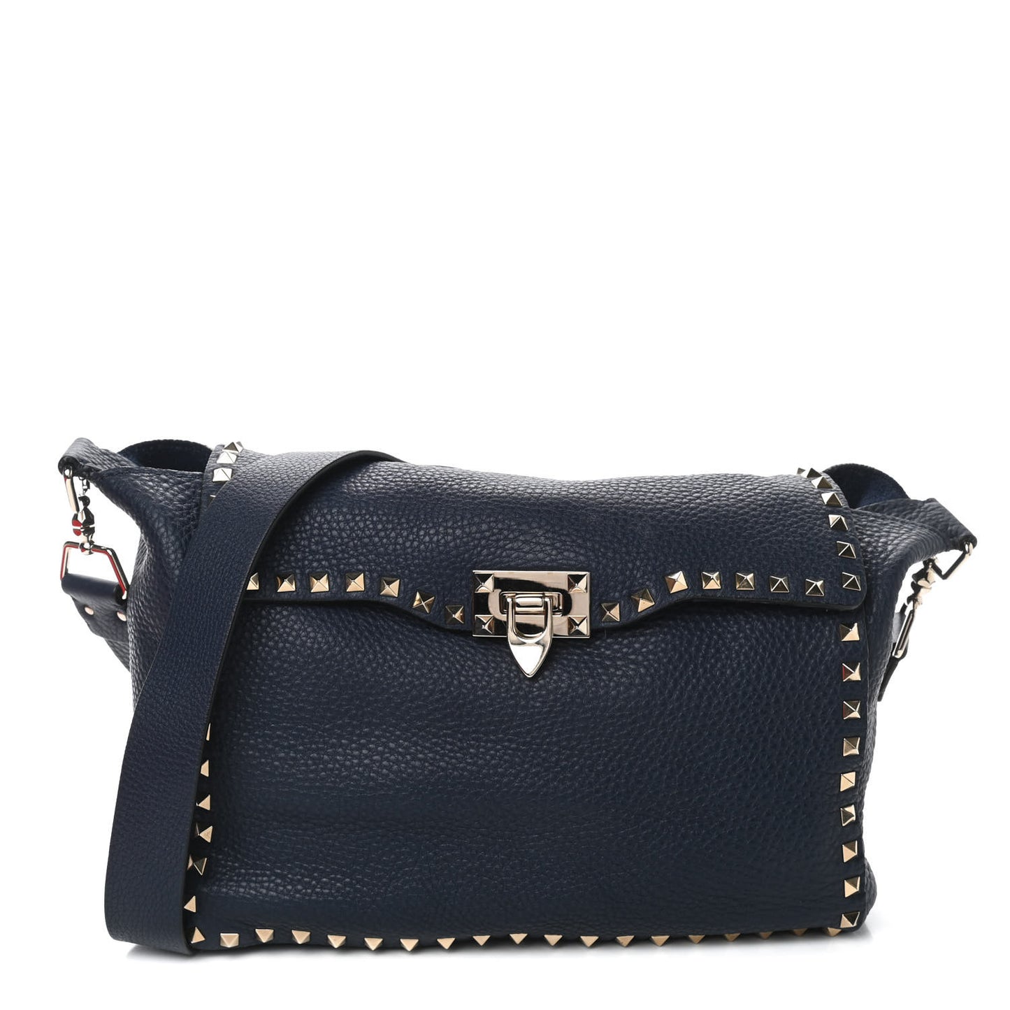 Pebbled Calfskin Rockstud Flip Lock Flap Messenger Satchel Marine