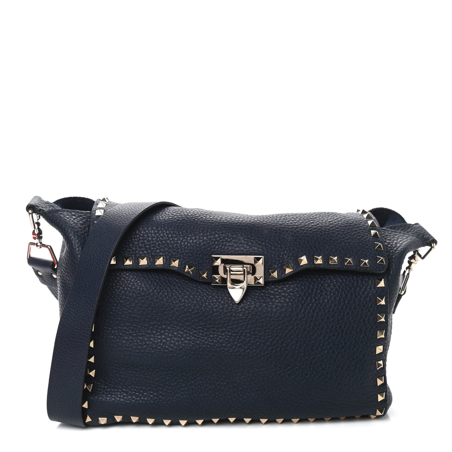 Valentino Garavani Pebbled Calfskin Rockstud Flip Lock Flap Messenger Satchel Marine 1 of 9