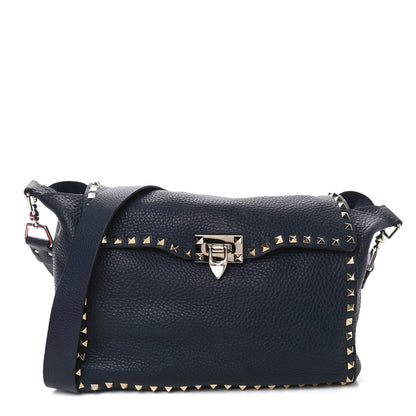 Valentino Garavani Pebbled Calfskin Rockstud Flip Lock Flap Messenger Satchel Marine 1 of 9