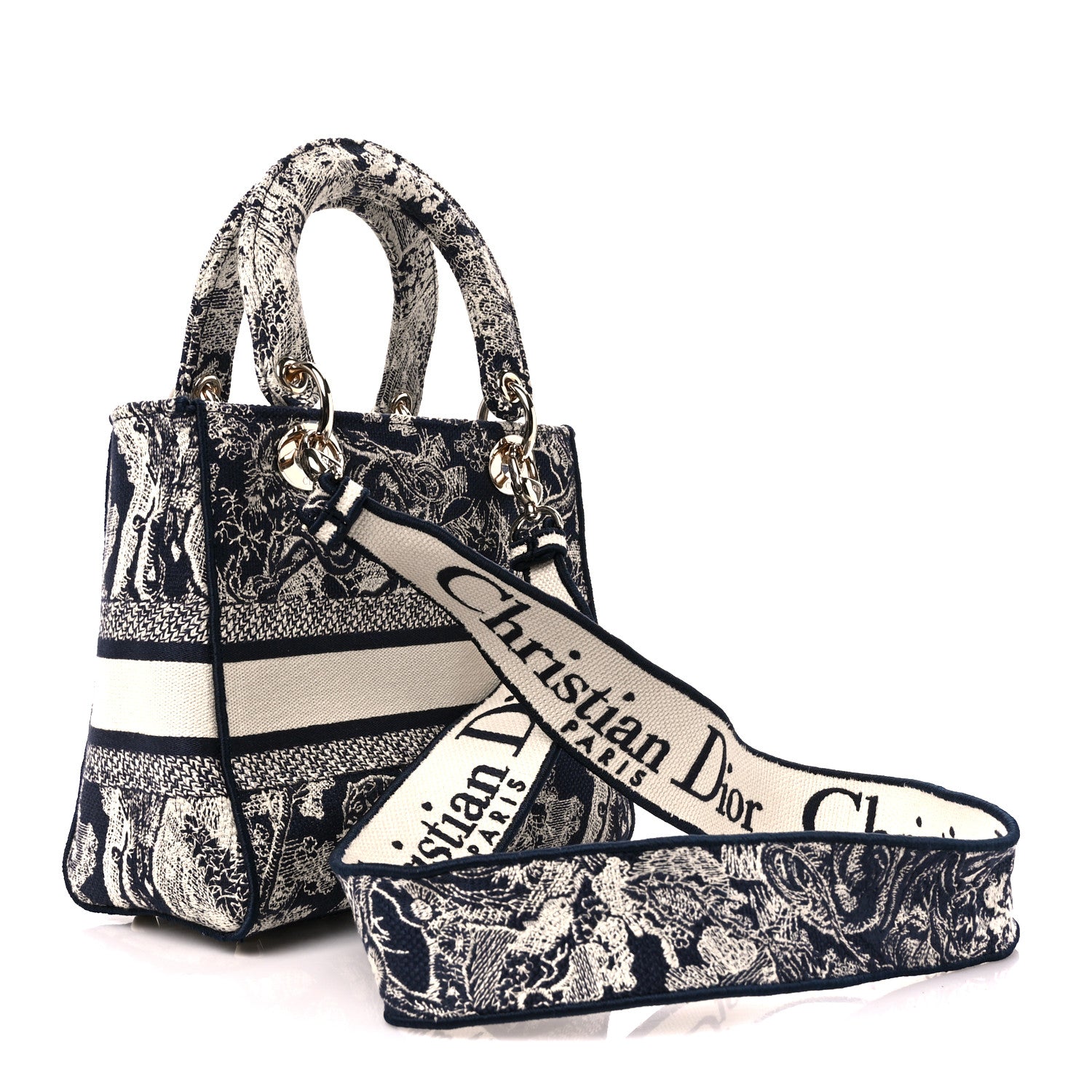 Christian Dior Canvas Toile De Jouy Reverse Embroidered Medium Lady D-Lite Navy 3 of 9