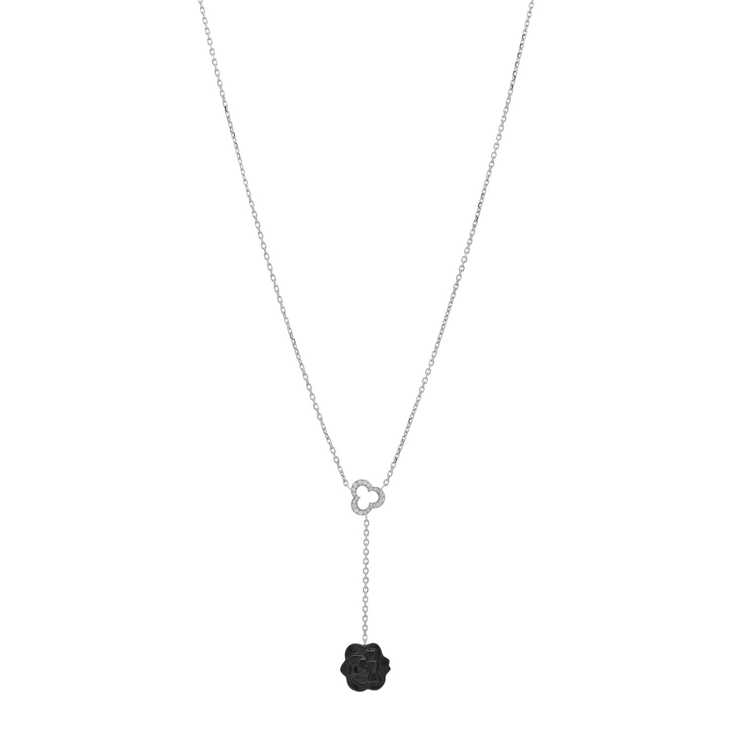 18K White Gold Diamond Black Onyx Camelia Sculpte Drop Pendant Necklace