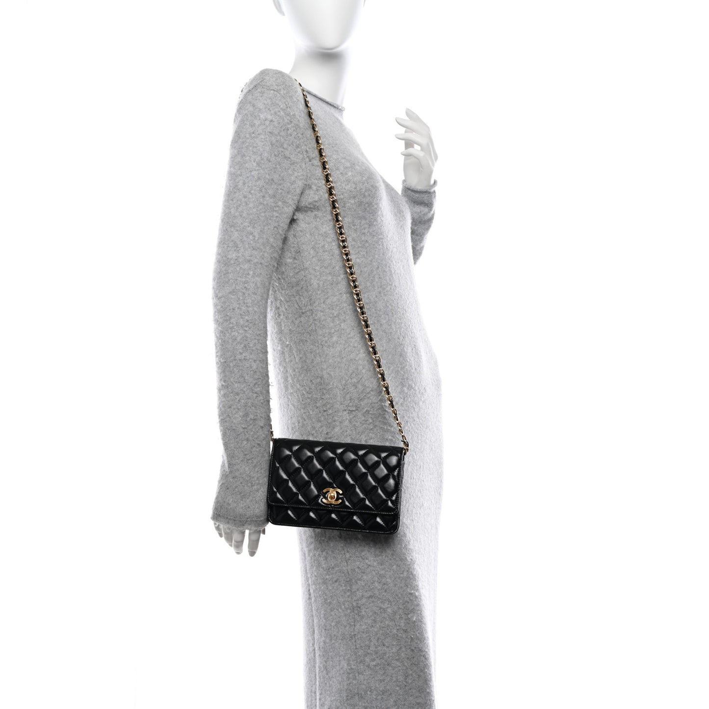Shiny Lambskin Quilted Golden Links Wallet On Chain WOC Black