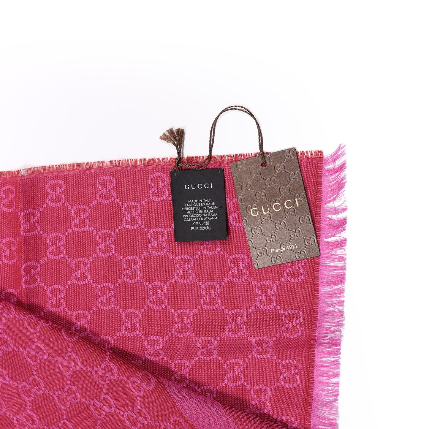 Wool Silk GG Monogram GGWeblong Fringe Scarf Shawl Red Pink