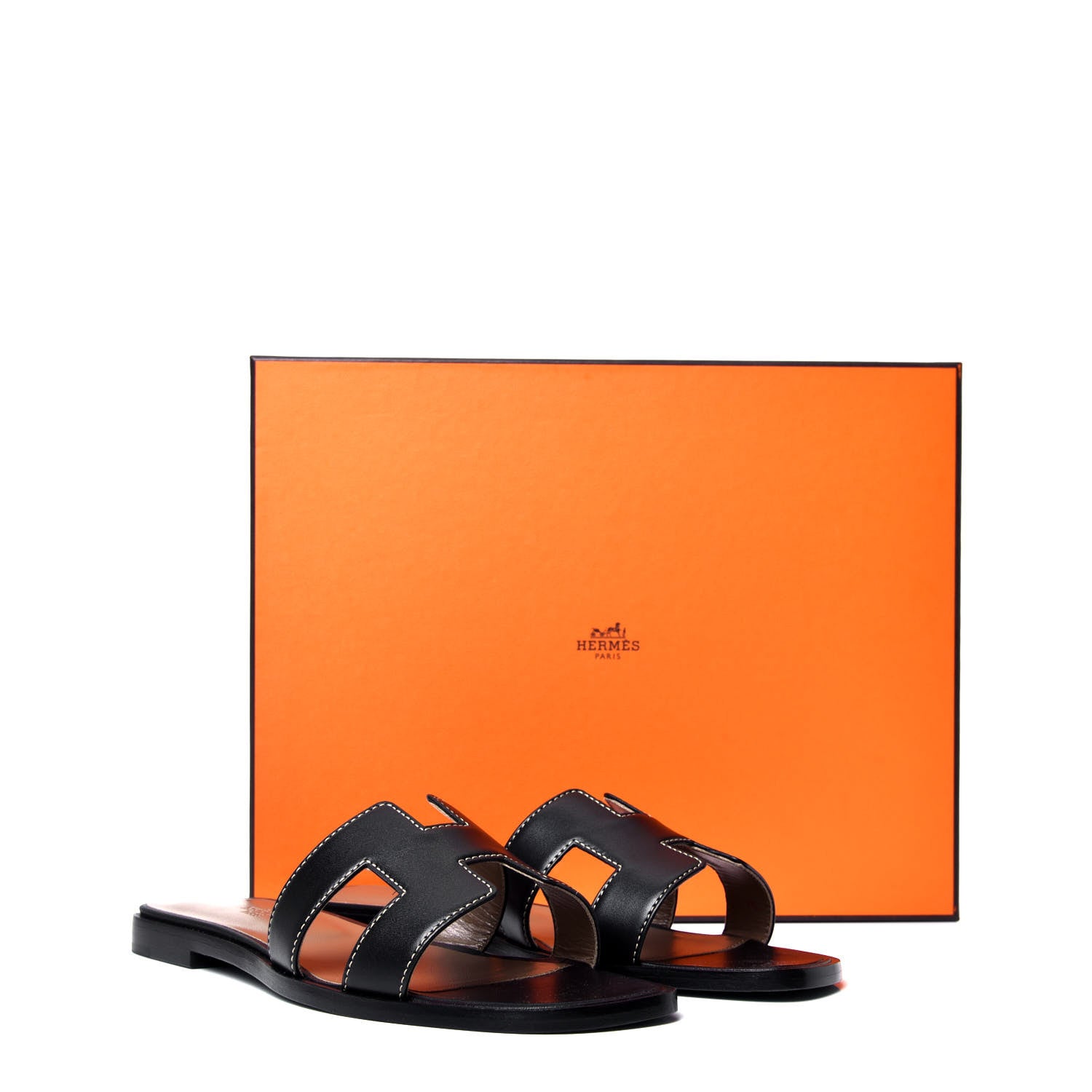 Hermes Box Calfskin Oran Sandals 36.5 Black 10 of 10