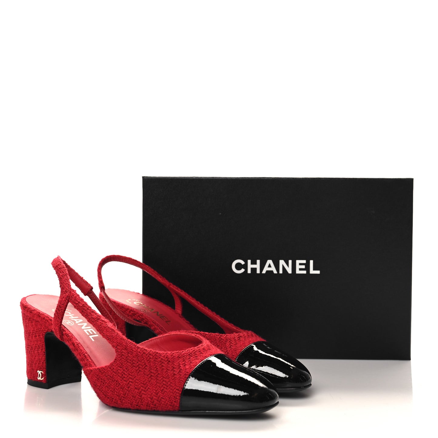 Tweed Patent Cap Toe CC Slingback Pumps 41 Red Black