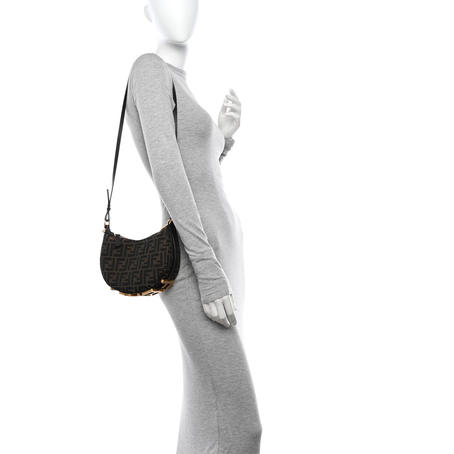 Fabric Jacquard Vitello Grace FF 1974 Mini Fendigraphy Hobo Bag Tobacco Moro Ebano