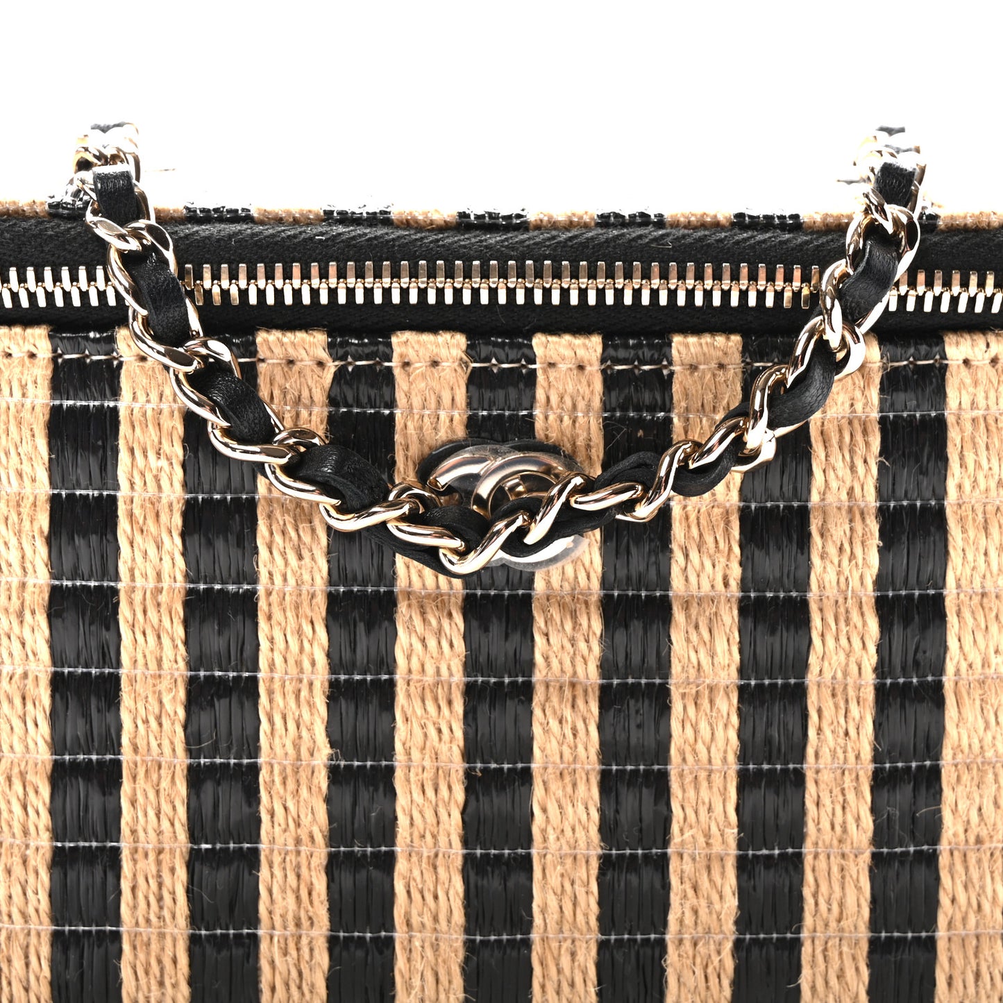 Raffia Jute Striped Small Vanity Case With Chain Black Beige