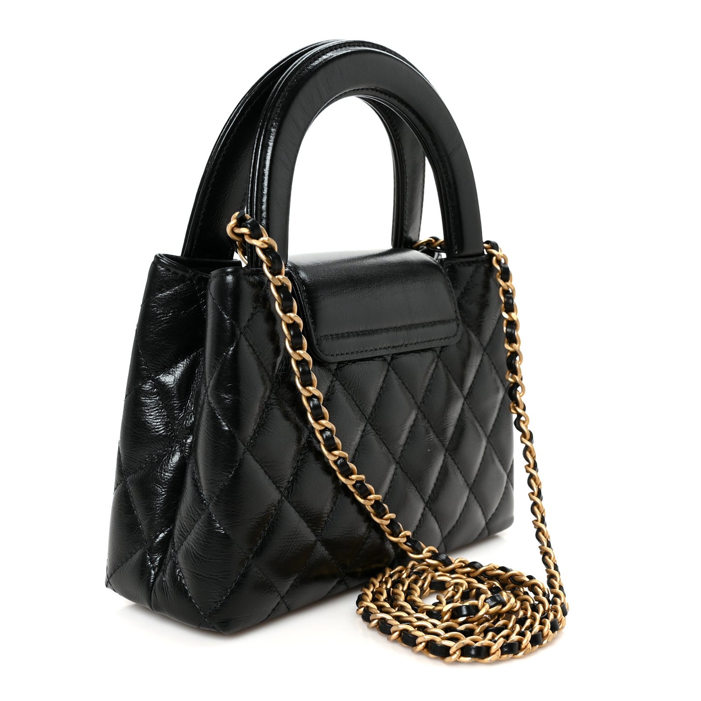 Shiny Aged Calfskin Quilted Nano Kelly Shopper Black