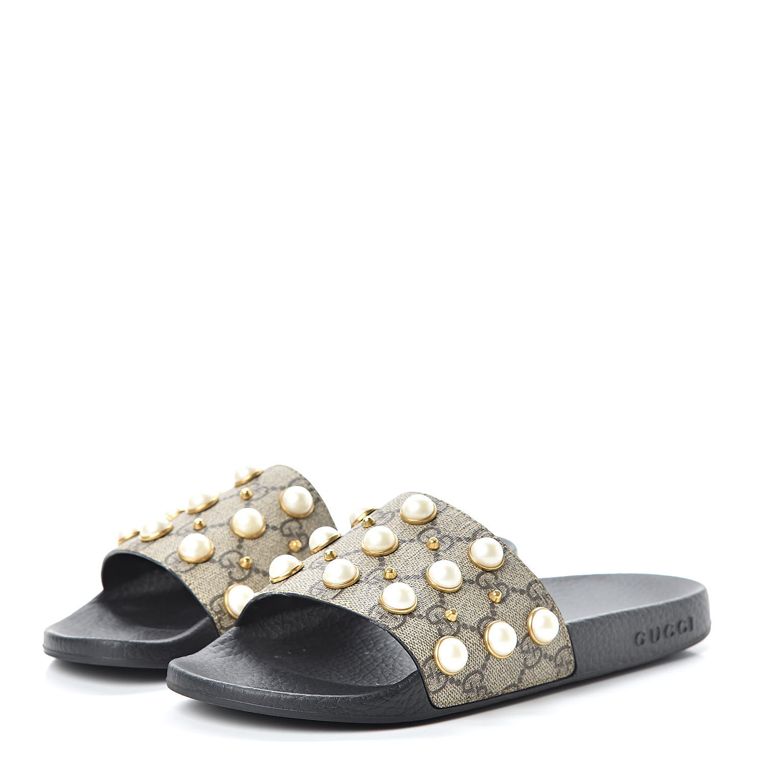 Gucci GG Supreme Monogram Pearls Slide Sandals 38 Beige 3 of 13